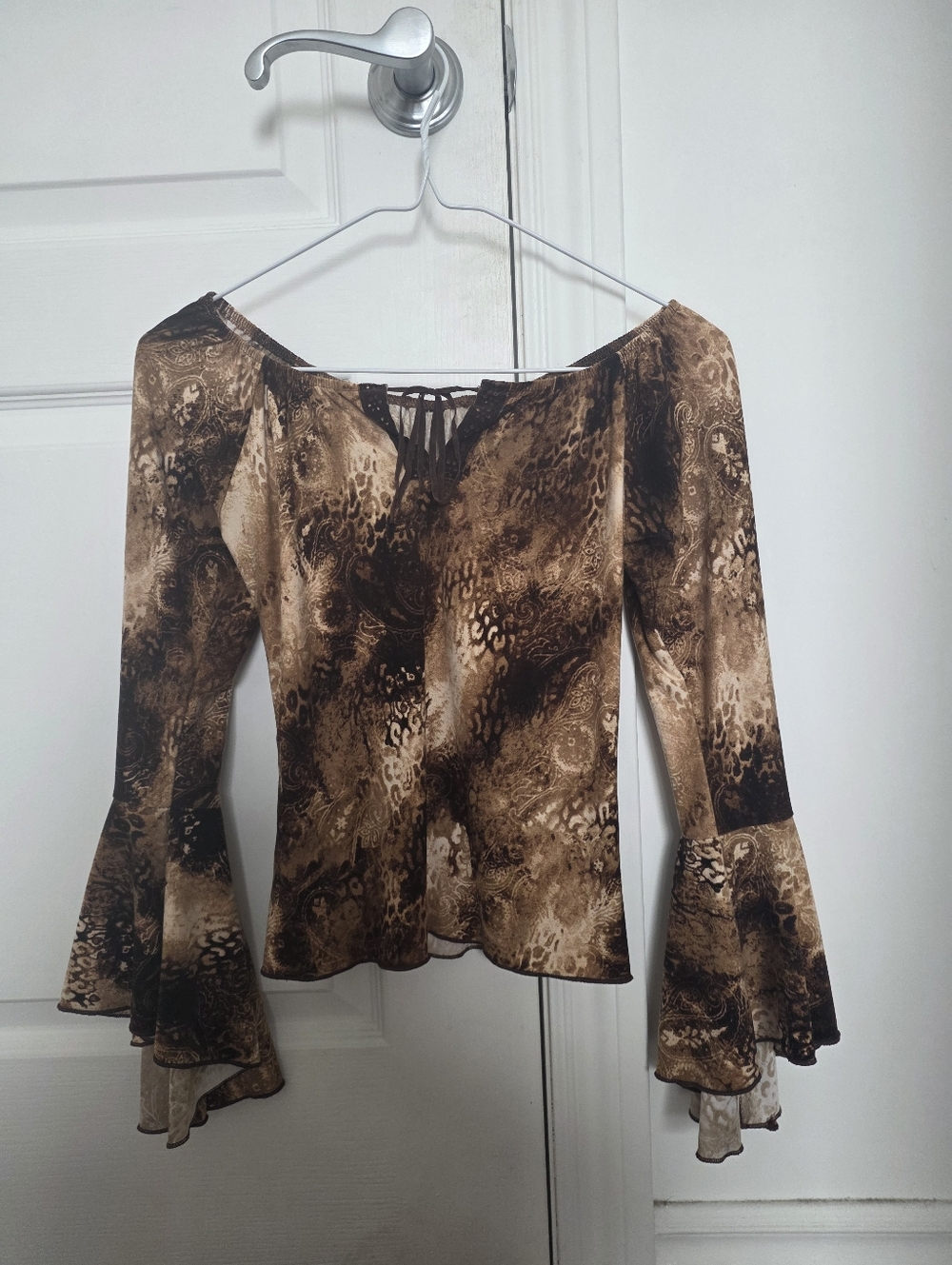 Brown Snake-Print Bell Sleeve Top